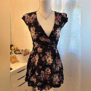 Floral Wrap-Style Black Dress with Pink Rose Print